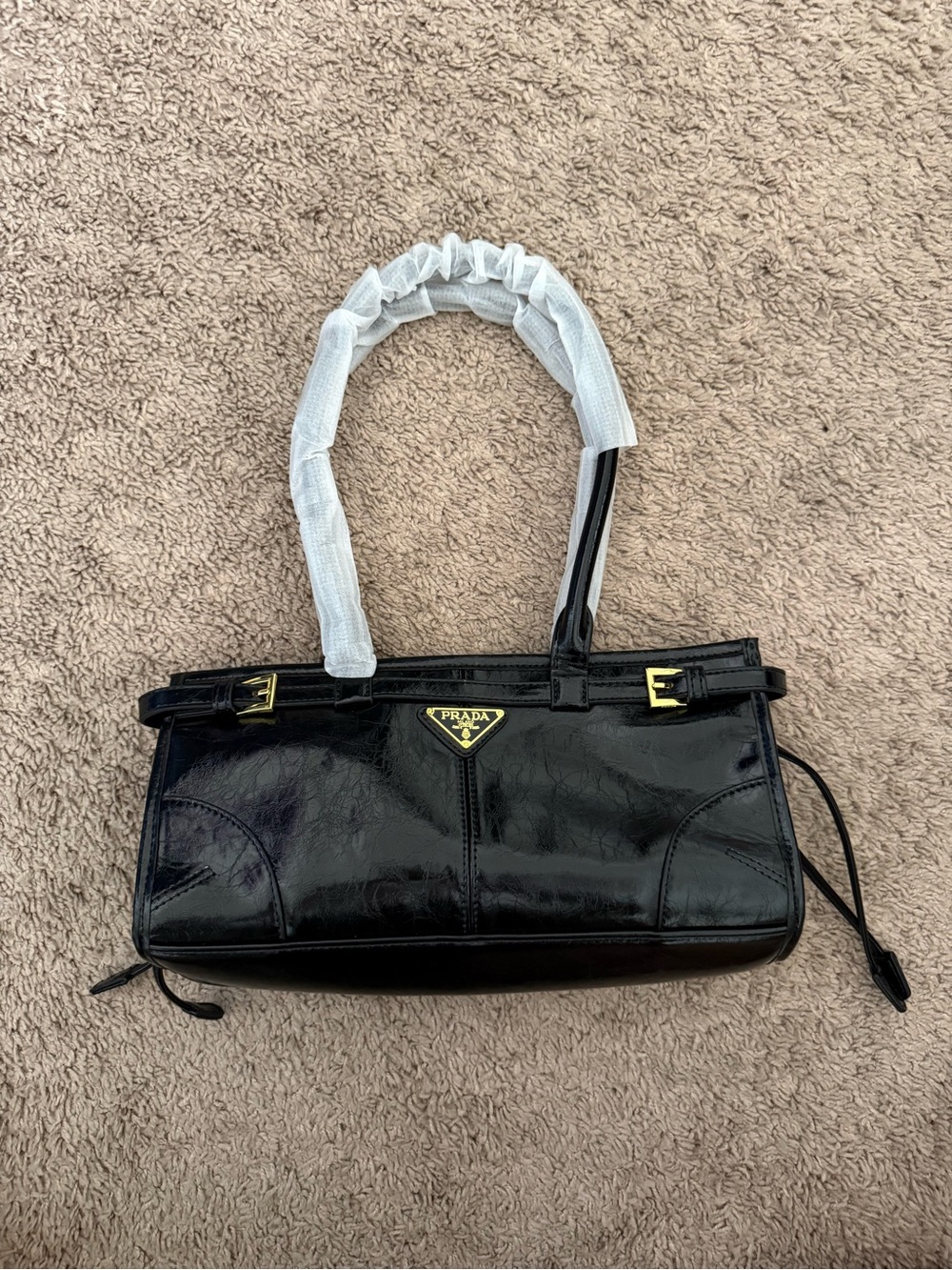 Prada Black Patent Leather Shoulder Tote with Gold Accents